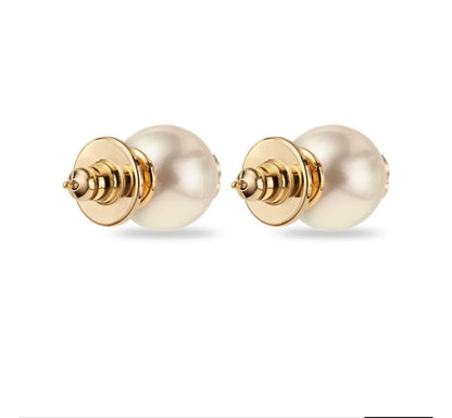 Jimmy Choo White Pearl Stud Earrings with Gold Metal Initials