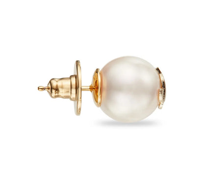 Jimmy Choo White Pearl Stud Earrings with Gold Metal Initials