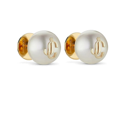 Jimmy Choo White Pearl Stud Earrings with Gold Metal Initials