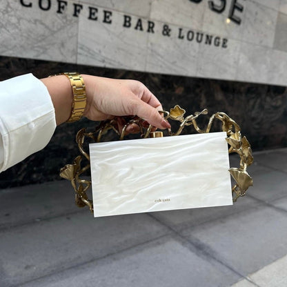 Cult Gaia Ivory Marbled Acrylic Brass-Accented Fana Clutch Purse