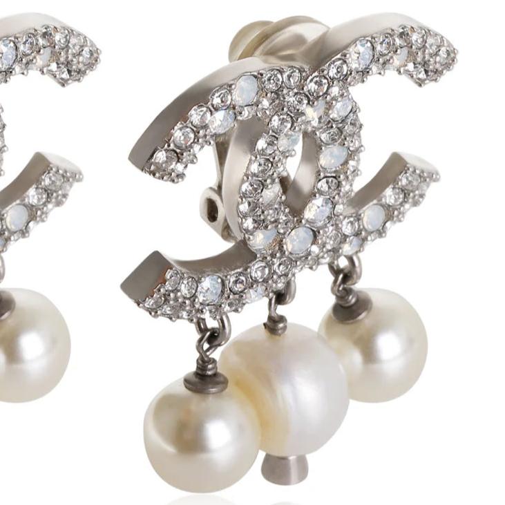 Silver Tone Chanel CC Drop Earrings with Faux White Pearl & Strass