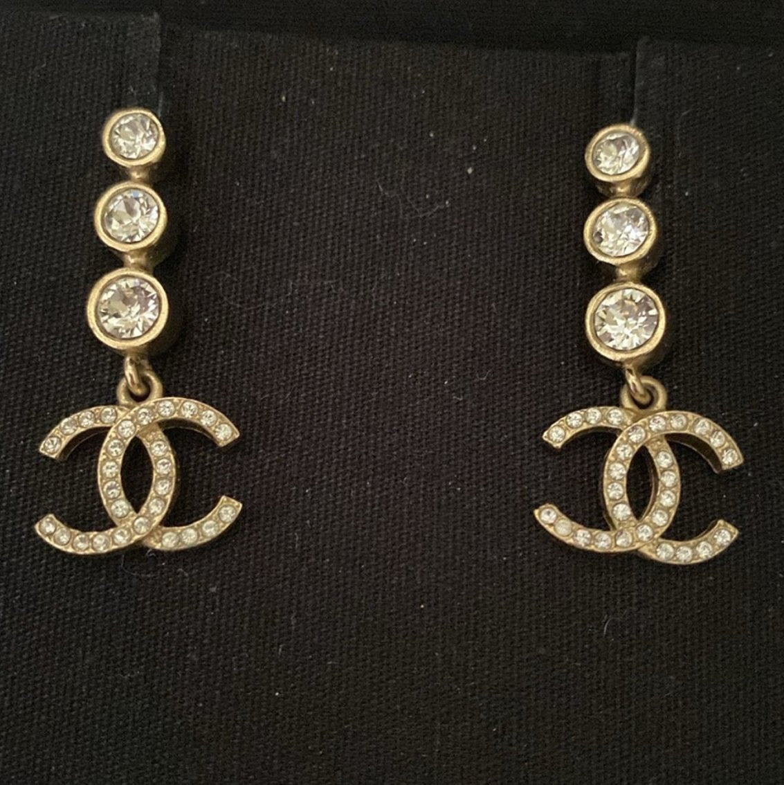 Chanel Crystal Diamante Drop Gold Earrings