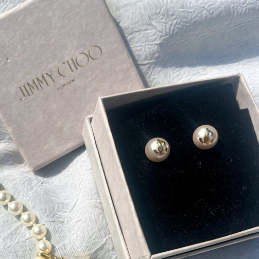 Jimmy Choo White Pearl Stud Earrings with Gold Metal Initials