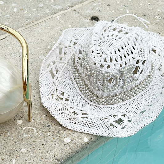 Pearl Embellished Bride Straw Cowboy Hat in White