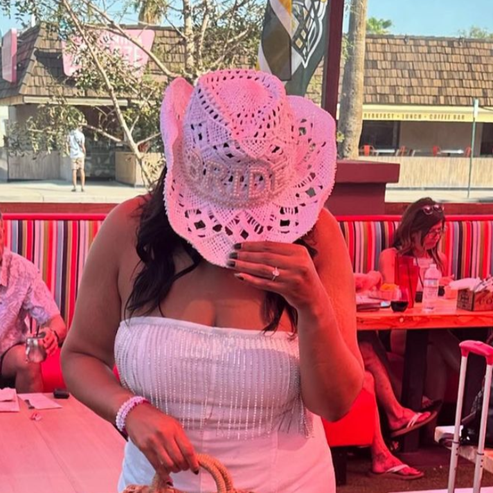 Pearl Embellished Bride Straw Cowboy Hat in White