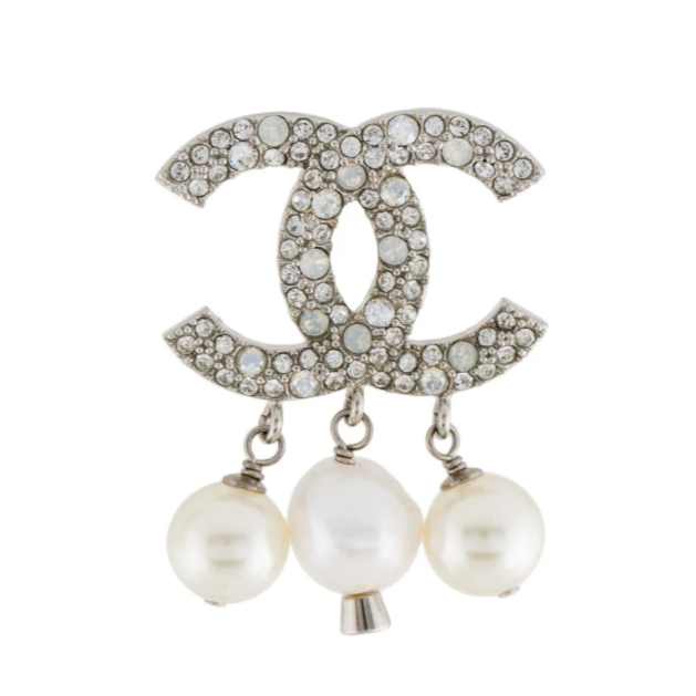 Silver Tone Chanel CC Drop Earrings with Faux White Pearl & Strass