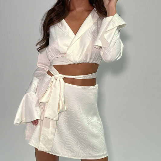 Meshki Annalise Wrap Top and Skirt Set in Off-White (Size Extra Extra Small)