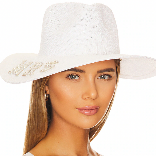 White Crystal and Pearl "Mrs" Hat by Nikki Beach