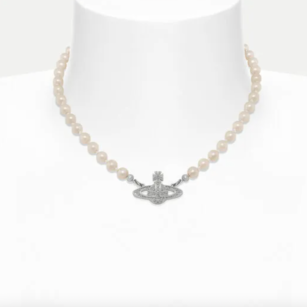 Vivienne Westwood Platinum Mini Bas Relief White Pearl and Crystal Choker Necklace