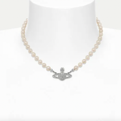 Vivienne Westwood Platinum Mini Bas Relief White Pearl and Crystal Choker Necklace